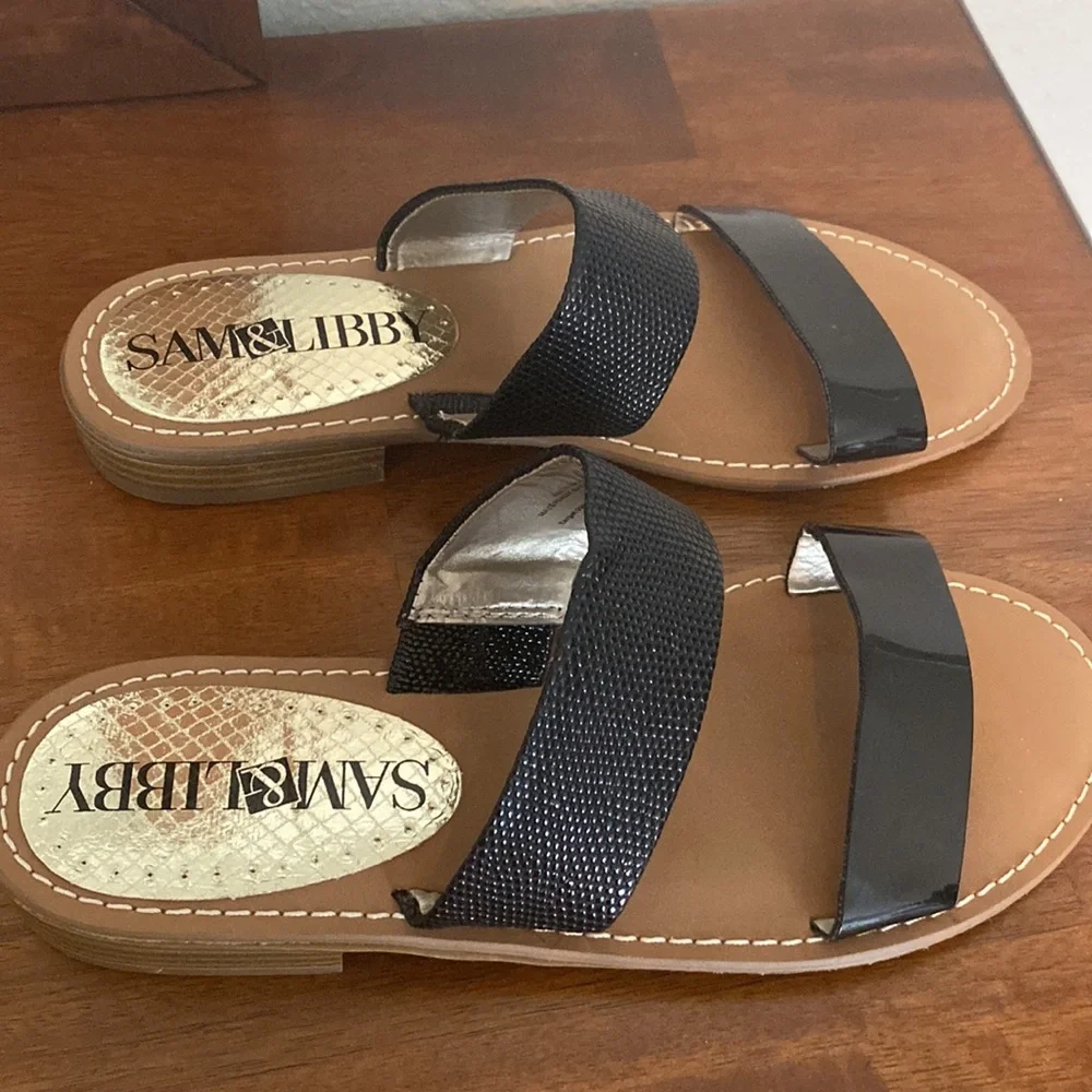 Sam & Libby Flat 2 straps Sliders size 6 Black
